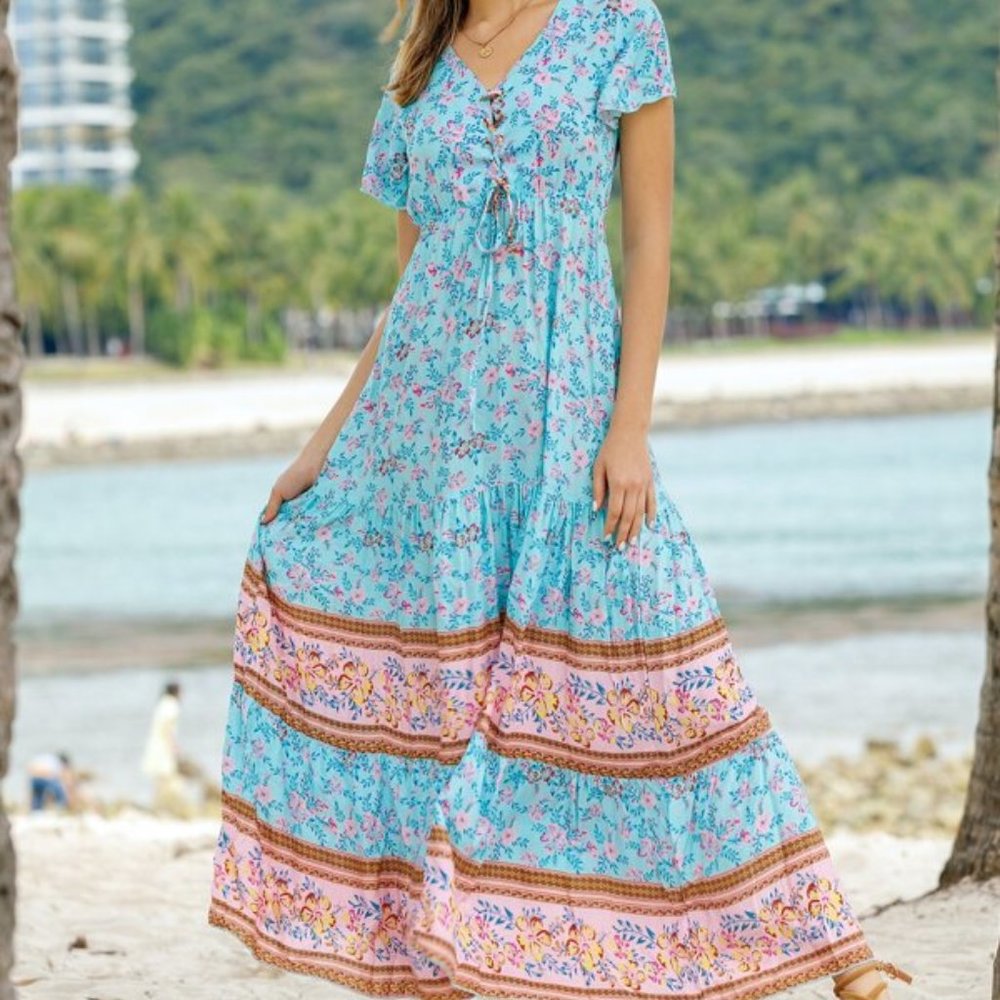 Boho FLoral Maxi Dress - Blue